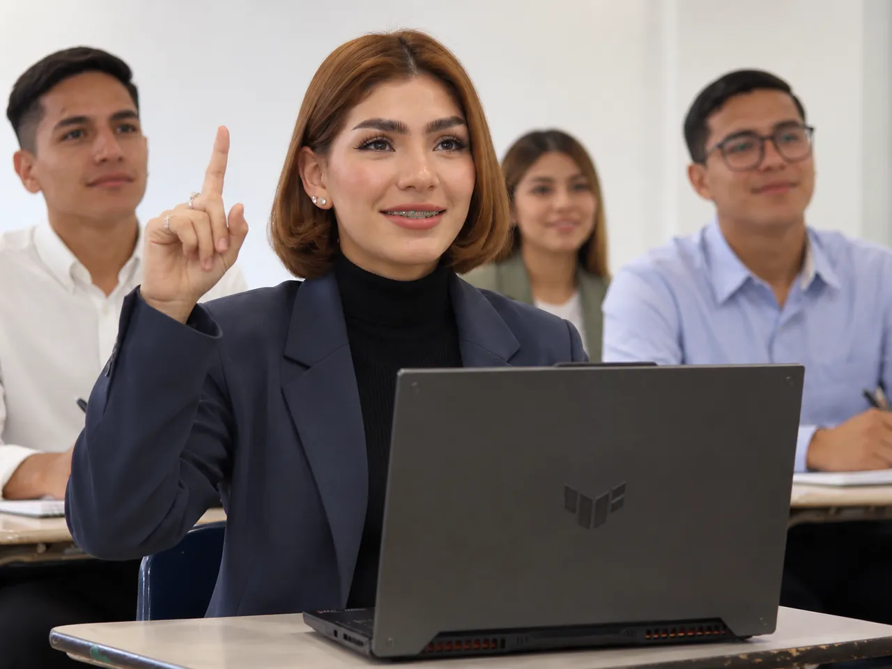 Alumna participando en clase frente a su laptop