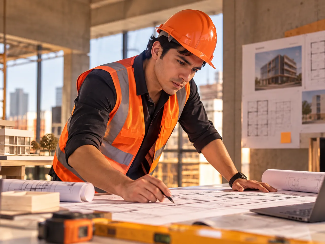 Arquitecto ingeniero revisando planos en una obra