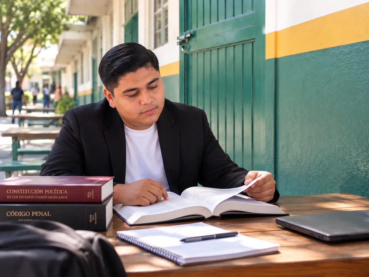 Alumno de Derecho estudiando con la Constitución y el Código Penal