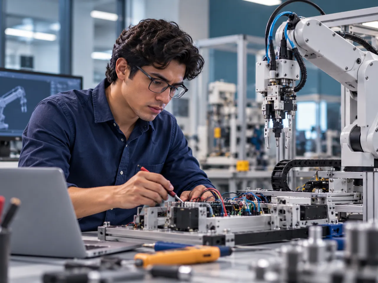 Ingeniero en mecatrónica ajustando un brazo robótico