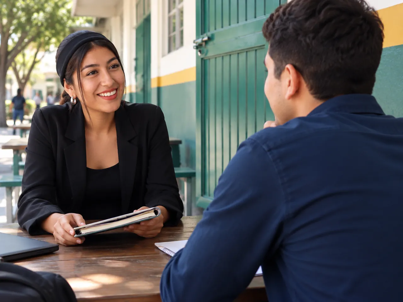 Alumna conversando con un compañero en una mesa del campus