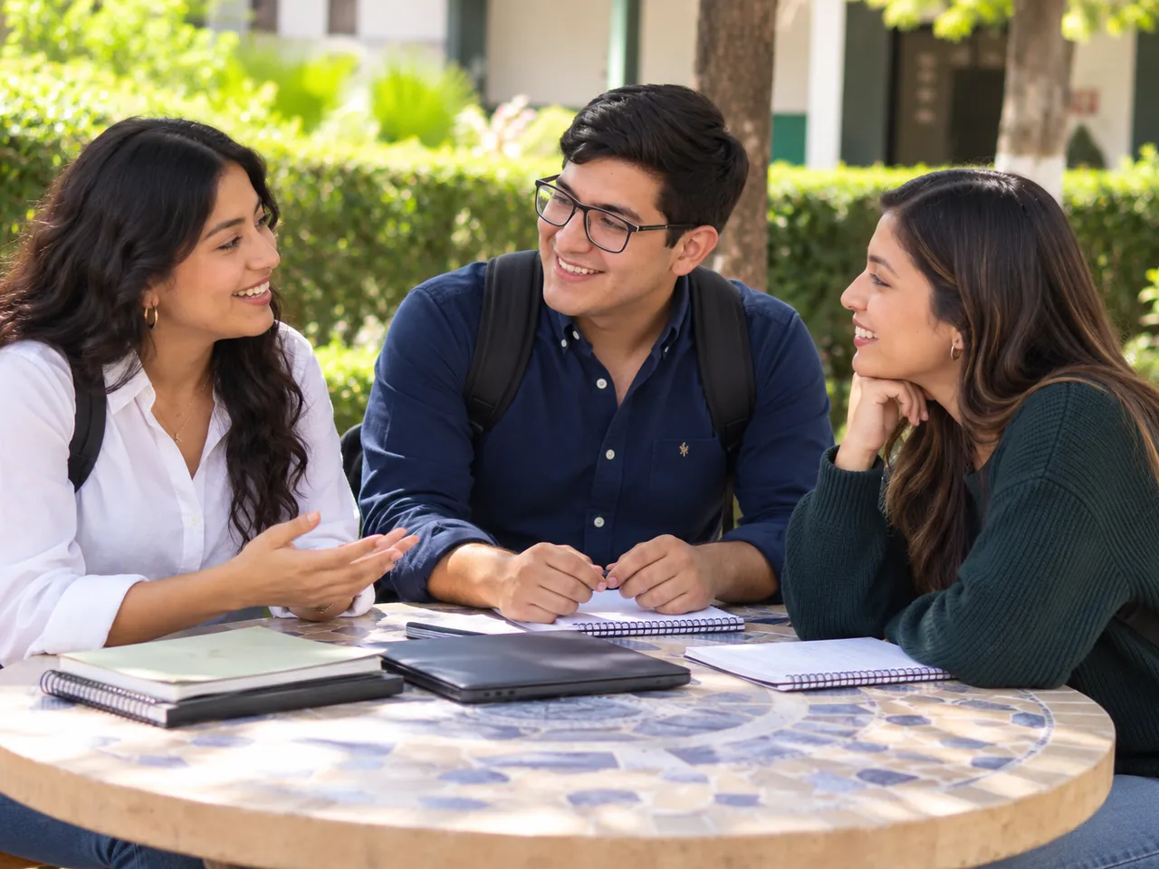 Grupo de alumnos estudiando en una mesa del campus